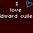 Dark red background with white pixelated text and a blue heart symbol, displaying 'I love Edward Cullens' in two mirrored sections.
