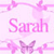 Pink pixelated icon with 'Sarah' text, butterflies, and floral patterns on a light pink background.