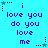 A static image with a bright cyan background displays repeated purple text reading "i love you do you love me" arranged in three vertical , each containing six repetitions of the phrase