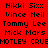 Red background with black pixelated text arranged in a , featuring names like Nikki Sixx and Vince Neil across multiple