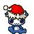 Pixel art contact sheet of a blue cartoon character wearing a red Santa hat with white trim, showing eight sequential animation frames arranged in a 3x3 grid on gray background.