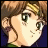 Pixelated anime-style character with brown hair and green eyes, wearing a dark blue top, next to stylized text on a black background.