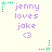 Pixelated text reads 'jenny loves jake <3' with a green star and dotted line in the top-left corner, displayed on a light background.
