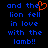 Blue pixelated text on black background reads "and the lion fell in love with the lamb!!" with an orange heart symbol replacing the 'e' in 'the' on the first line.