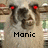 Animated pixelated image of a dog-like creature with red eyes, displaying text labels 'Manic', 'depressive', 'llama!!!', and 'Justin!'