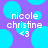 Pixelated text 'nicole christine' and '<3' on purple background with cyan circles, static image.
