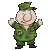 Pixelated cartoon character in green military-style uniform with arms raised, standing against gray background.