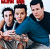 Three young men pose together in a static group photo with red 'BLINK 182' text above them, displayed across multiple
