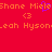 Red background with orange pixelated text 'Shane Miele' and 'Leah Hyson', two orange '<3' symbols, and a purple heart symbol overlapping the middle of 'Miele'.