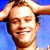 Static pixelated image of a person with light brown hair and closed eyes, smiling slightly against a blue background with arms raised above head.