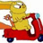 Yellow cartoon character rides red scooter with blue wheels, orange hand visible on left, yellow background stripe at top, white background below.