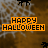 Animated Halloween-themed icon with orange 'HAPPY HALLOWEEN' text, black spiders on spiderwebs against a brown background.