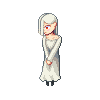 Pixel art of a figure with white hair and red eyes in a long off-shoulder dress, standing against gray background.