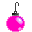 Two pixelated spherical icons with hanging hooks, one bright pink with purple highlights, the other solid black with light purple highlights, against a gray background.