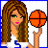 Pixelated cartoon woman holding basketball with blue background text "Baller 424" and star symbol.