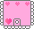 Pixel art icon set with pink background, heart motifs, and a cartoon bear character in various poses and text states.