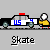 Pixelated animation of a police car with 'US' and number '9' on its side, next to a yellow figure holding a white ball, with changing text below.