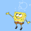 Yellow sponge character with square body, brown shorts, red tie, white shirt, black shoes; blue background with white bubbles; three views show varying bubble positions and arm placement.