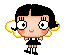 Pixel art character with black bobbed hair, large white eyes with black pupils, and yellow wings on a gray background.