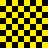 Yellow and black checkered pattern with two -like circular distortions on the right side, animated to shift positions