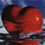 A pixelated red heart with a black outline and a small yellow highlight on its right side, set against a blue and white pixelated background.