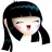 Pixelated icon of a person with black hair styled in two long braids, closed eyes, and a small red mouth on a white background.
