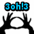 Blue pixelated text "3oh!3" above three black hand silhouettes forming circles on white background with one gray