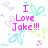 Pixelated graphic with pink text reading "I Love Jake!!!" surrounded by pastel-colored floral and heart shapes on a white background.