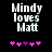 Pixelated text 'Mindy loves Matt' in white on black background with pink and purple heart symbols below, two variations of heart positions.