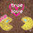 A static pixelated image shows a pink heart outline with 'LOVE' text inside, flanked by two yellow circular shapes with blue spots on a brown background.
