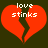 Two identical pixelated red broken hearts with white text 'love stinks' on a dark green background.