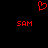 Red pixelated heart symbol above two red 'SAM' text blocks on black background.