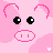 Pixelated pink pig face with black eyes and white pupils, two small nostrils, and curved ears on a light pink background.
