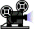 Six film projector icons arranged in two , each with rotating reels and a colored light beam projection