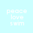 Four display pixelated text 'peace love swim' on light blue background with magenta bars covering different words in each