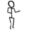 Pixelated grayscale stick figure with circular head, one arm extended rightward, legs slightly apart on white background.