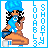 Pixel art contact sheet of an animated icon featuring a cartoon woman with blue hair and swimsuit posing in various frames, surrounded by repeated text "SHORTY LOUABLY 3" on white background.