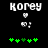Pixelated text 'Korey' above a heart, eyes, and green clovers on black background with animation changes in clover count.
