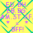 Yellow background with green diamond lattice pattern, purple text elements including 'ED. BH.', 'EB. BG.', 'AM.ST.SP', and 'BFF!', two small stars flanking an equals sign.