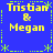 Blue background with yellow text reading "Tristan & Megan" arranged in a , surrounded by green dotted lines and star-like decorations