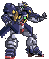 Pixel art of a blue and silver mecha with yellow chest accents, green eyes, red mouth details, and red feet in three distinct poses against gray background.