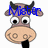 Pixelated cartoon cow head with brown body, black horns, and large white eyes; blue text overlays change across frames while the cow's mouth remains open.