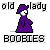 Pixelated image of a figure in purple attire with text 'old lady' above and 'BOOBIES' below on gray background.