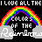 A static digital image featuring repeated rainbow arcs, cloud shapes, and text elements in a pattern on a black background