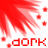 Four animated variations of a red starburst graphic with 'dork' text and colored dots, each in distinct color schemes.