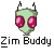 Pixelated alien head icon with large pink eyes and antennae above text reading "Zim Buddy" on gray background.