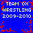 Blue background with red pixelated border and repeated white text reading "TEAM OK WRESTLING 2009-2010" in four quadrants.