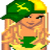 Pixelated cartoon character wearing green and yellow John Deere cap with logo, standing next to green background with yellow text "john deere baby!" in blocky font.
