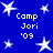 Blue background with white stars and repeated 'Camp Jori '09' text in pixelated font.