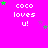 Bright pink background with white text 'coco loves u!' repeated across a , green and purple stars scattered throughout